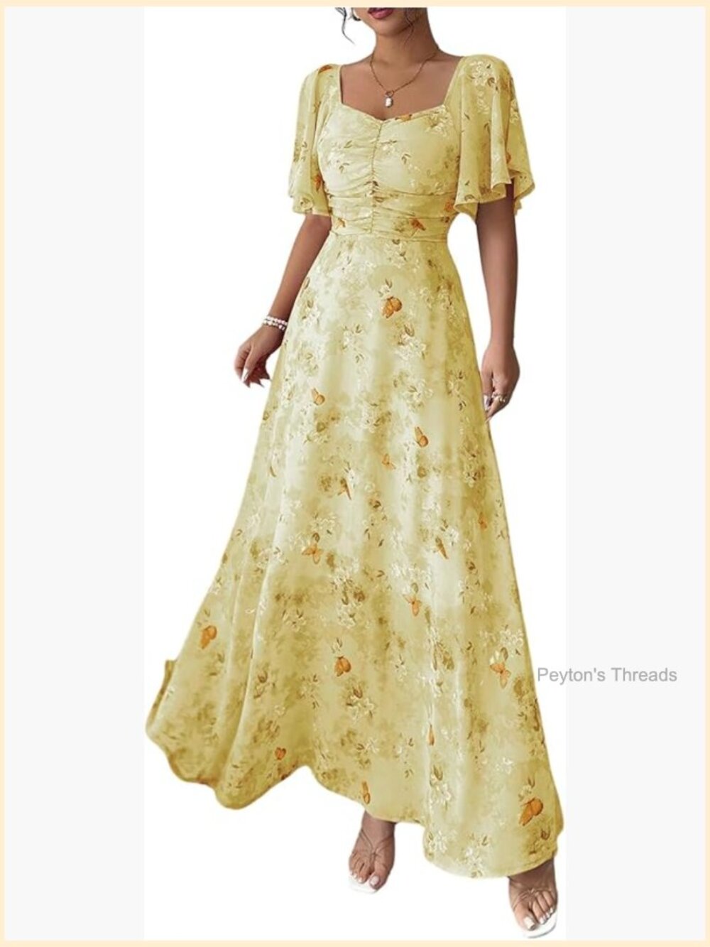 Butterfly Short Sleeve Boho Maxi Dress Sweetheart Neck A Line